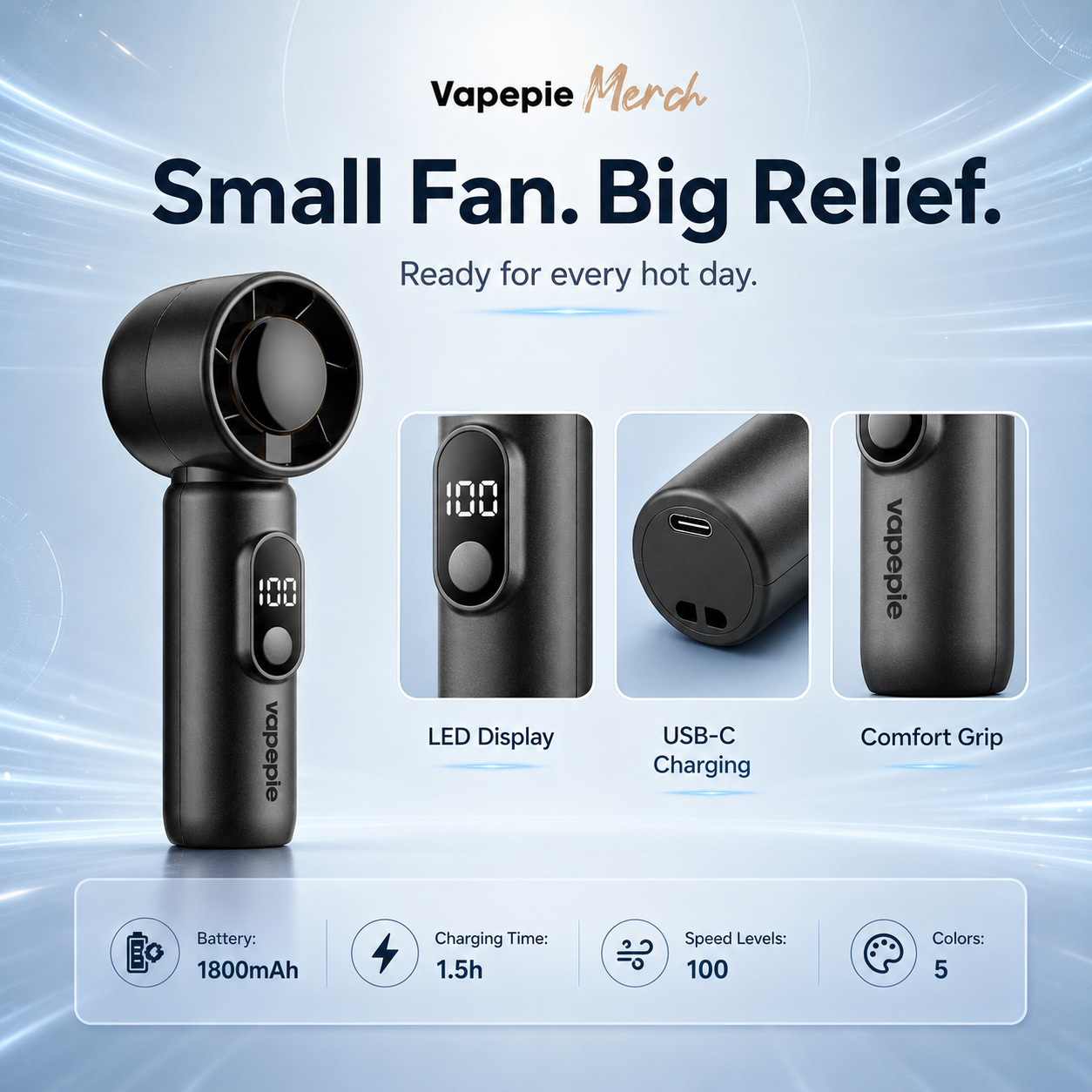 Mini fan product details LED display USB-C charging comfort grip
