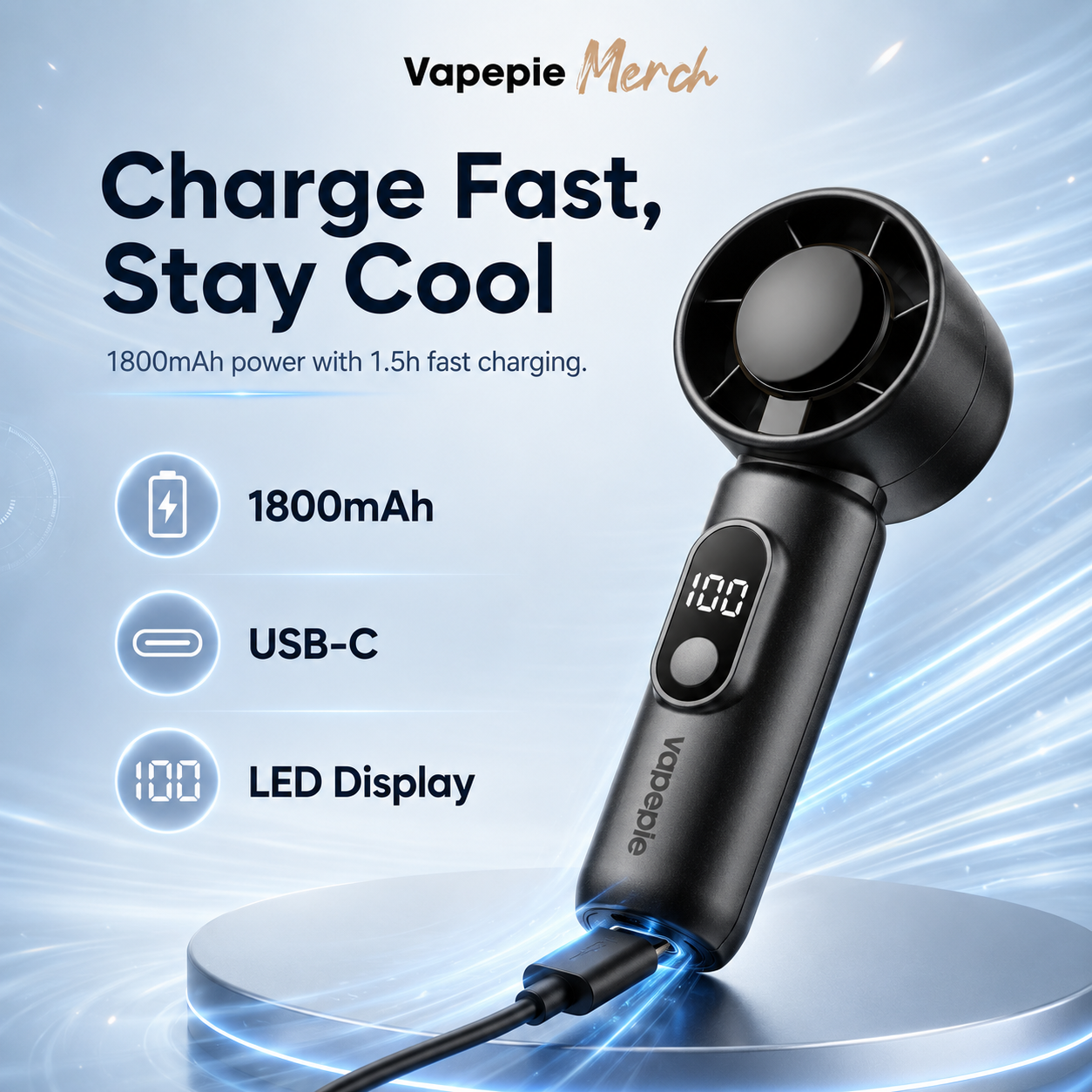USB-C fast charging handheld mini fan with LED display