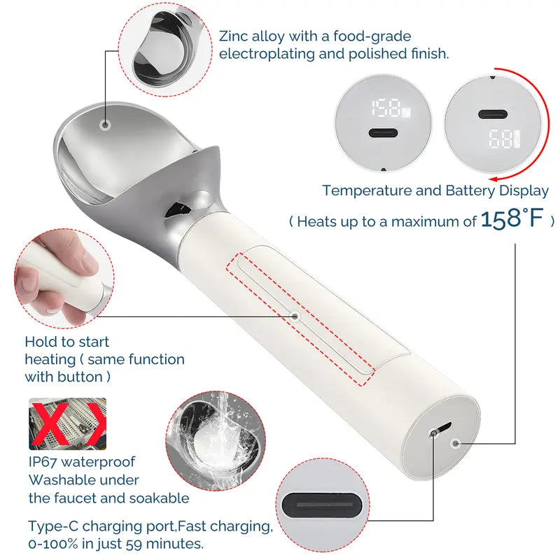 FROSTJOY Heated Ice Cream Scoop Rechargeable Electric Scooper 2 Oz Stainless Steel LED Display IP67 Waterproof Durable for Hard Ice Cream