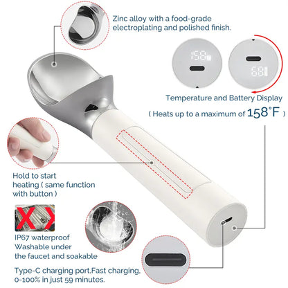 FROSTJOY Heated Ice Cream Scoop Rechargeable Electric Scooper 2 Oz Stainless Steel LED Display IP67 Waterproof Durable for Hard Ice Cream