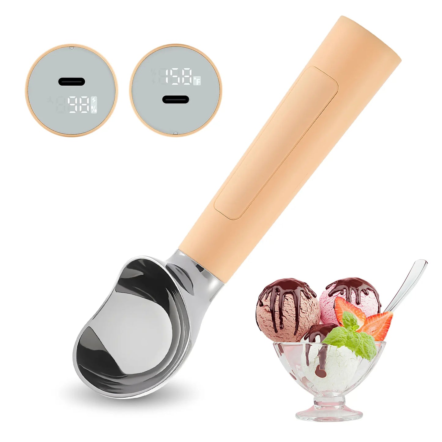 FROSTJOY Heated Ice Cream Scoop Rechargeable Electric Scooper 2 Oz Stainless Steel LED Display IP67 Waterproof Durable for Hard Ice Cream