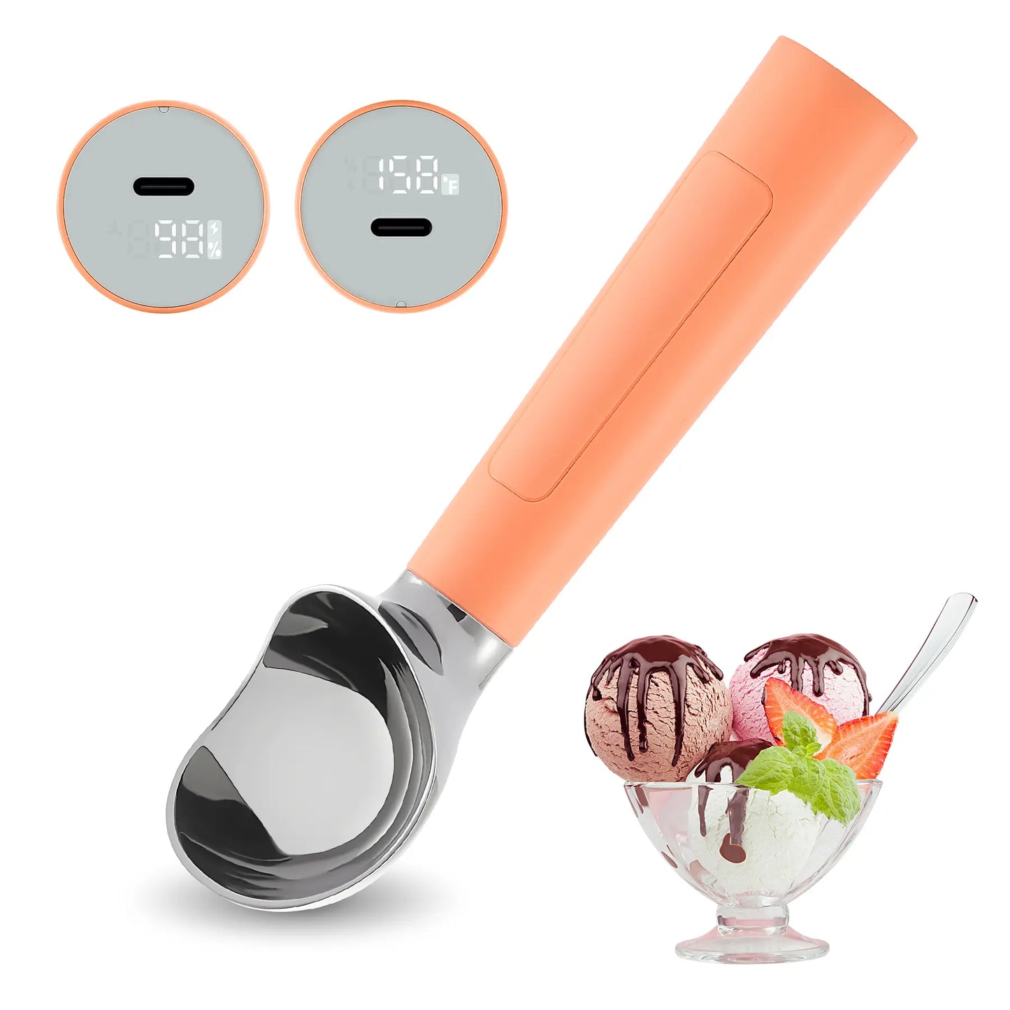 FROSTJOY Heated Ice Cream Scoop Rechargeable Electric Scooper 2 Oz Stainless Steel LED Display IP67 Waterproof Durable for Hard Ice Cream