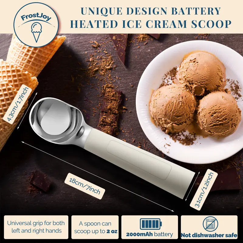 FROSTJOY Heated Ice Cream Scoop Rechargeable Electric Scooper 2 Oz Stainless Steel LED Display IP67 Waterproof Durable for Hard Ice Cream