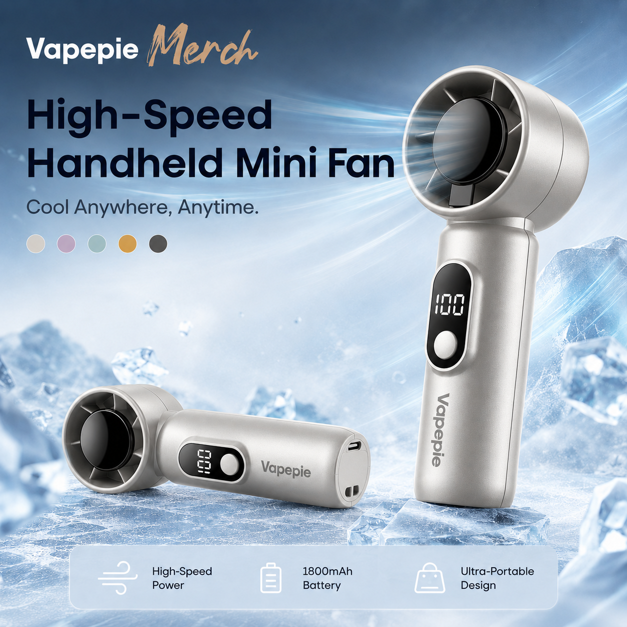 Pearl white handheld mini fan with high-speed airflow and 1800mAh battery
