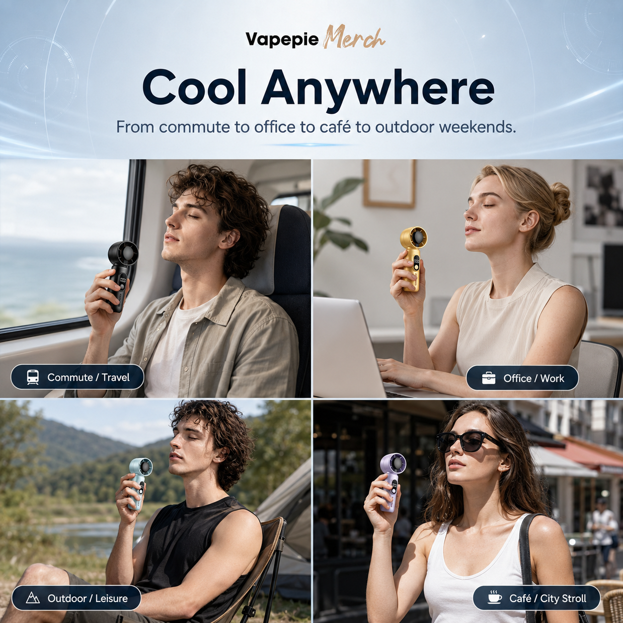 Portable fan for commute office outdoor and café use