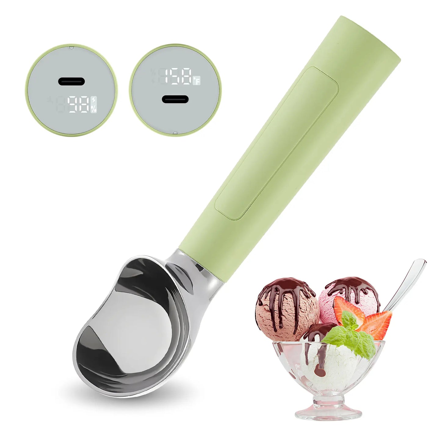 FROSTJOY Heated Ice Cream Scoop Rechargeable Electric Scooper 2 Oz Stainless Steel LED Display IP67 Waterproof Durable for Hard Ice Cream