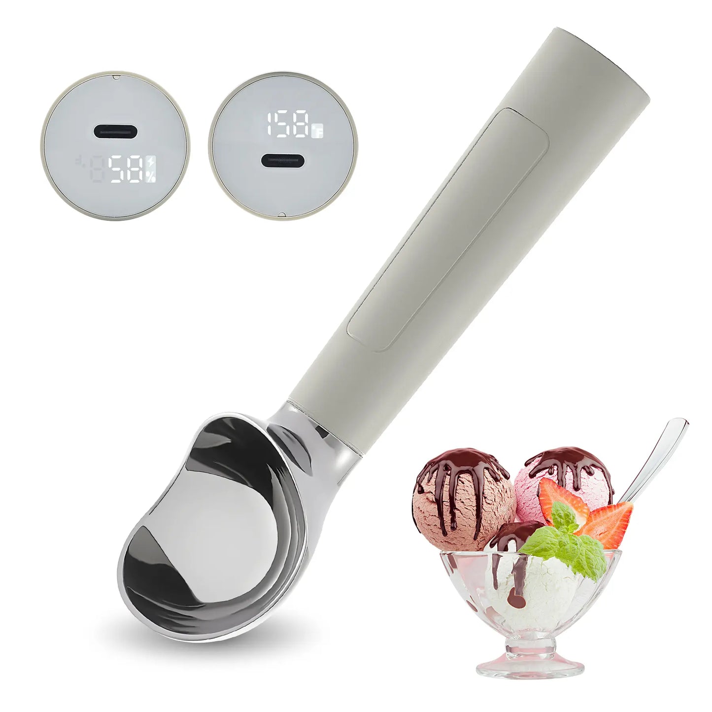 FROSTJOY Heated Ice Cream Scoop Rechargeable Electric Scooper 2 Oz Stainless Steel LED Display IP67 Waterproof Durable for Hard Ice Cream