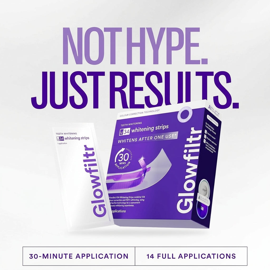 Glowfiltr V34 Whitening Strips, Teeth Whitening Strips, Tooth Stain Treatment, Combining Whitening and Colour Correction