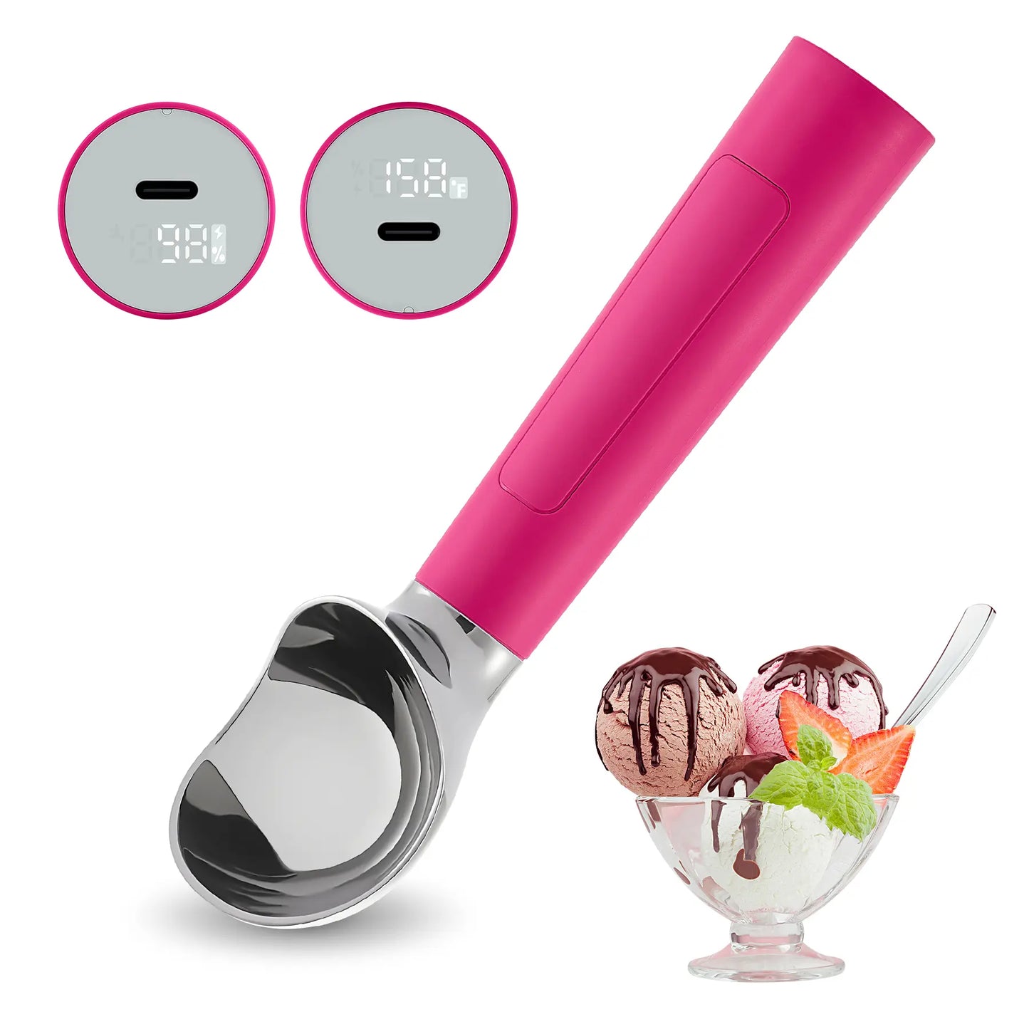FROSTJOY Heated Ice Cream Scoop Rechargeable Electric Scooper 2 Oz Stainless Steel LED Display IP67 Waterproof Durable for Hard Ice Cream