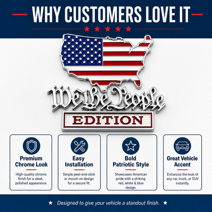 We The People Edition Chrome Auto Emblem-Patriotic 3D Metal Badge for Cars, Trucks, SUVs & Jeeps – Easy Peel-and-Stick Vehicle Upgrade