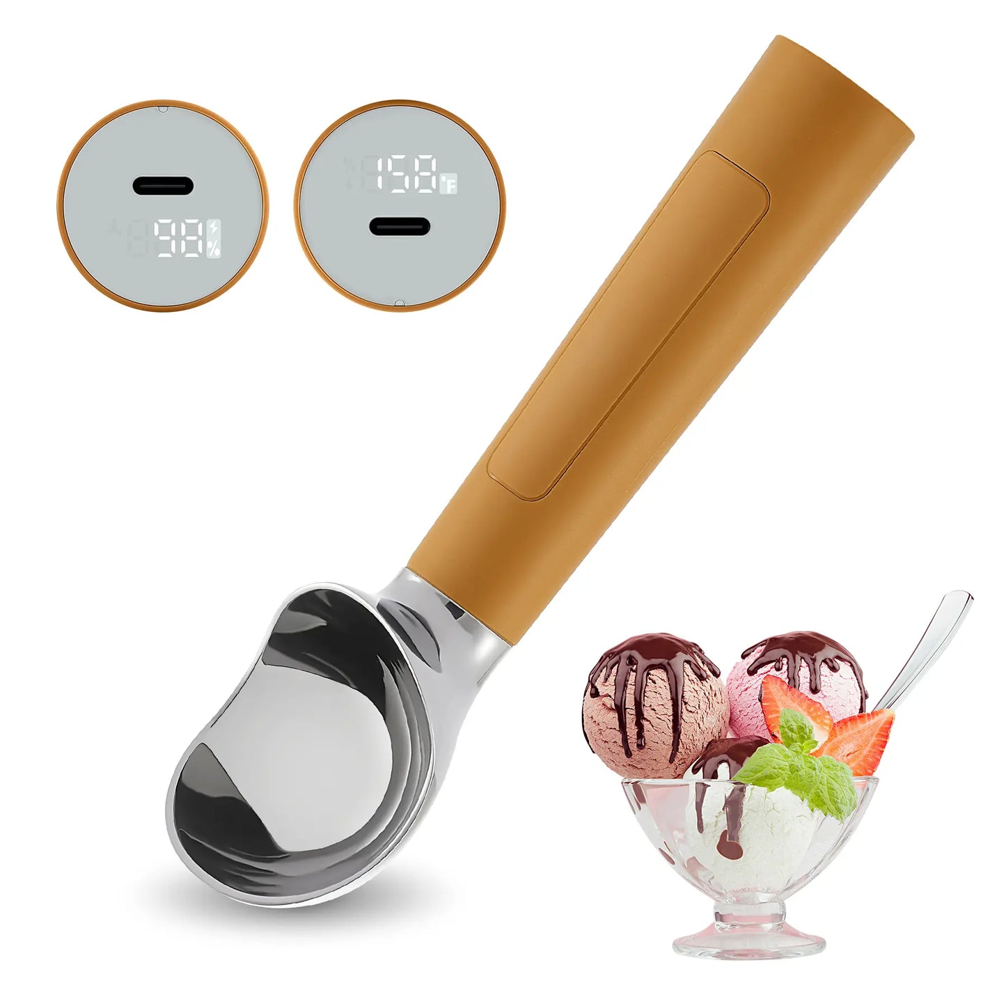 FROSTJOY Heated Ice Cream Scoop Rechargeable Electric Scooper 2 Oz Stainless Steel LED Display IP67 Waterproof Durable for Hard Ice Cream